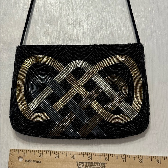 Vintage Beaded Evening Bag Black Gold Silver Knot Pattern China Purse - Picture 3 of 8